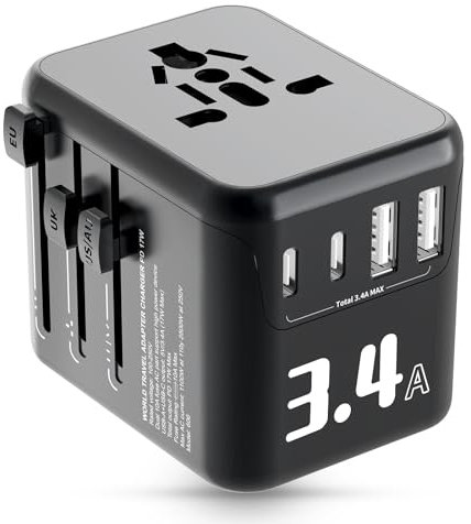 Alyvisun Adattatore Universale da Viaggio, con 2 Porte USB-C e 2 USB-A (5V 3,4A/17W), Tutto-in-Uno Presa Universale da Viaggio con Fusibile da 10A, Compatibile con Europa, USA, Regno Unito, AU, ecc