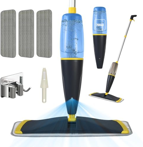 Bizcasa Mop Mop with Sprayer, Cleaning Mops Floors with Tank Spray Mop Microfibre for Home, Kitchen, Hardwood, Laminate, Tiles (Giallo - 700 ml - 3 pcs Pads)
