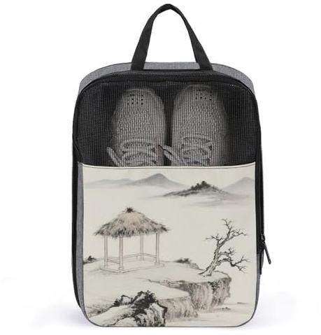 Travel Shoes Bag, Solitary Pavilion And Distant Mountains Travel Bags for Shoes, Travel, Sports, Foldable Shoe Pouch for Men And Women