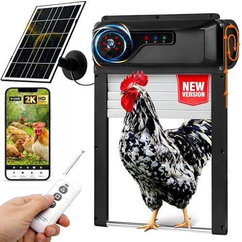 Puerta de gallinero alimentada por energía solar con cámara – Abridor automático inteligente de puerta de gallinero con control remoto, visión nocturna, detección de depredadores y doble cierre seguro