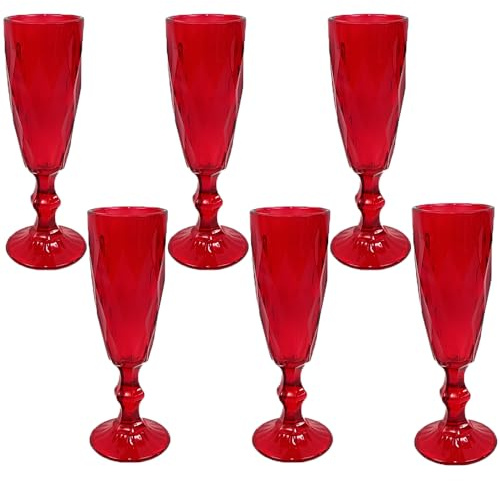 Set 6 Bicchieri Flûte Rossi da Spumante 170ml con piede per una Tavola Natalizia Effetto Diamante Eleganti per le Feste di natale e Occasioni Speciali