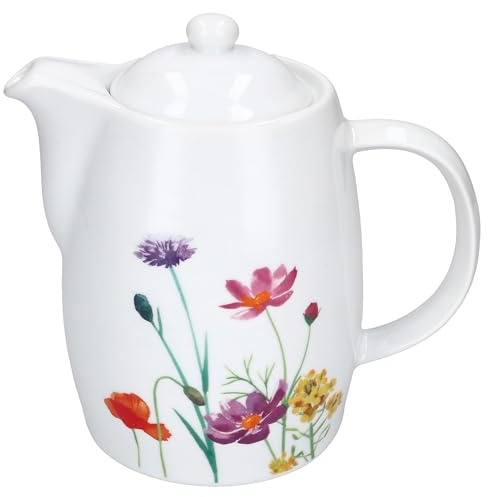 MamboCat Kanne Marie aus Porzellan 850ml I weiße Kanne mit Henkel & Deckel aus Porzellan für Tee- & Kaffee I mit Blumenwiese-Dekor für Frühstücks- & Kaffee-Runde