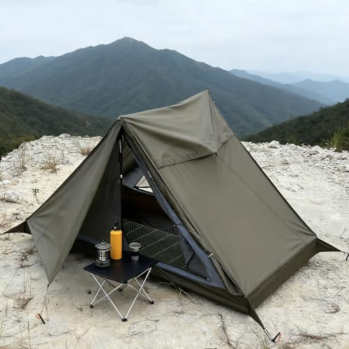 Leichtgewichtiges Einmannzelt Wasserdicht 2000+mm Backpacking Wandern Stockzelt für Outdoor-Wanderungen, Camping, Trekking (ohne Stock) (Olivengrün, 220x110x125 cm)