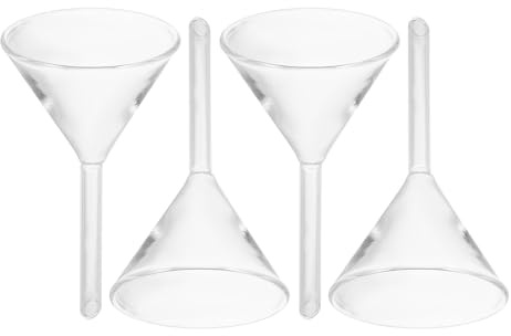 BAZEITFLOW Imbuto in Vetro Trasparente da Laboratorio 60 MM a Stelo Corto Set 4 Pezzi per Riempimento Olio Lanterne Imbuto Filtrante a Bocca Larga per Uso Scientifico e Camping