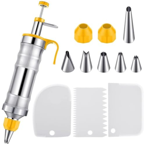 FUANA DIY Dessert Decorating Set with 6 Piping Tips and Couplers, Frosting Machine for Cake Cream, Biscuits, Cookies, Includes 3 Scrapers, Stainless Steel and Plastic, 28.5 x 5.5 cm