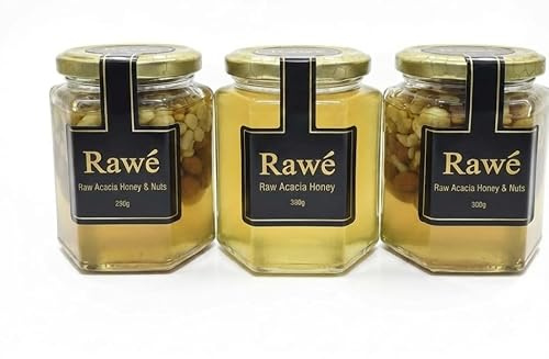 Rawé Premium Raw Acacia Honey Gift Set, 3 Glass Hexagonal Jars with Pure and Mixed Nuts Varieties, 330g and 280g