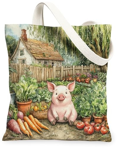 Spring Pig Gardening Canvas Tote Bag for Shopping 13x15, Animal Farmhouse Country Reusable Grocery Print Pattern Bag for Women, Planting Aesthetic Painting Gift Decor