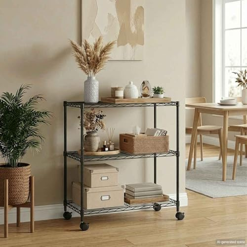 QUAHEAS Scaffalatura con 3 ripiani, ruote, struttura in acciaio, 60 x 35 x 81 cm, portata 150 kg, scaffale in metallo per officina, cantina, garage, sistema a incastro con ripiani regolabili