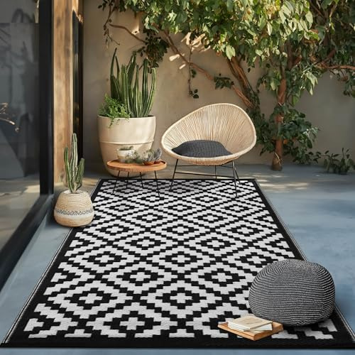 Green Decore Reversible Outdoor/Indoor Recycled Plastic Rug | Perfect for Garden, Patio, Picnic, Decking |Mildew, UV, Stain And Water Resistant| Nirvana Black/White 120x180 cm