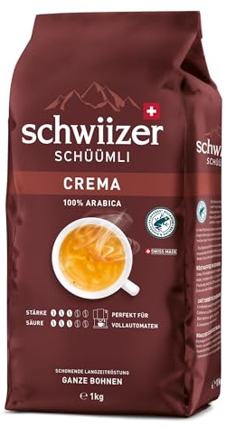 Schwiizer Schüümli Crema, 100% Arabica Kaffeebohnen, aromatisch-vollmundig, ideal für Vollautomaten, Stärke 3/5, mittlere Röstung, Rainforest Alliance, 1kg