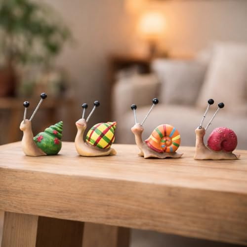 Garden Mile Set of 4 Hand Painted Snail Garden Ornaments Mini Resin Snail Figurines with Spring Antennae Waterproof Indoor Outdoor Garden Decorations Plant Pot Decor, Cute Animal Statues