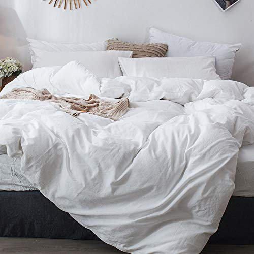 MooMee Bedding Duvet Cover Set 100% Washed Cotton Linen Like Textured Breathable Durable Soft Comfy (Solid Off White, Queen 90x90)