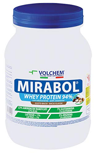 Volchem Mirabol Whey Protein 94, Integratore Alimentare con Proteine del Siero del Latte, 22% Aminoacidi Ramificati, con Arginina e Glutammina, Barattolo con Polvere Solubile, Gusto Bacio, 750 g