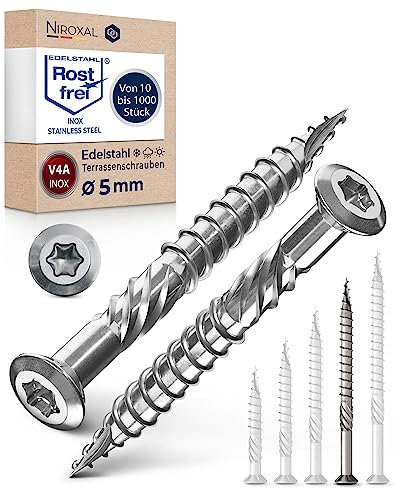 Tornillo de terraza de acero inoxidable Muesca de corte TORX, cabeza redondeada y sin nervaduras V4A 5-mm de espesor 70-mm de longitud 100 unidades 46-mm de rosca parcial Tornillo 5x70