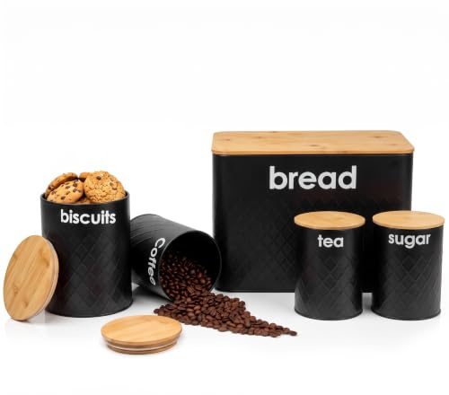 Denny International 5pc Kitchen Storage Set with Airtight Bamboo Lids Includes Tea Coffee Sugar with Matching Biscuit Barrel Canister Jar & Bread Bin BY Crystals® (Black)