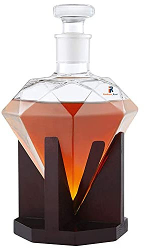 Decanter per whisky con diamante creativo, decanter per vino in vetro da 1000 ml con supporto in legno, decanter per liquori per scotch, rum, bourbon, vodka
