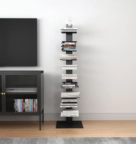 Hallowood Furniture Tall Black Metal Bookshelf, Slim Ladder Shelf Bookcase, Tower Media Display Shelves for CDs & DVDs, Tall Bookcase, Ladder Shelving Unit for Living Room and Lounge