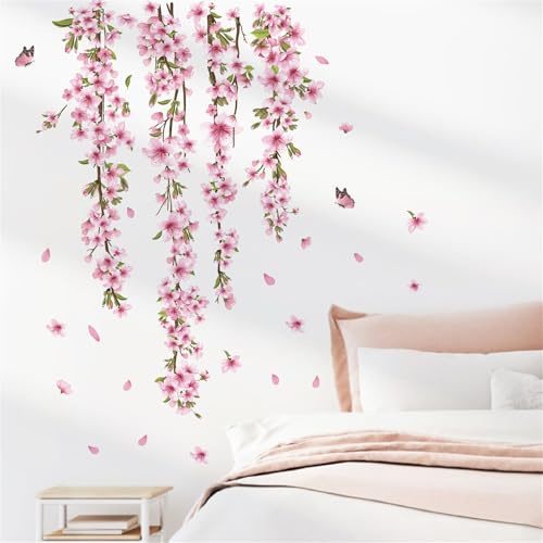 decalmile Wandsticker Hängende Rebe Rosa Wandtattoo Rosa Blüten Blume | Abziehbare und Aufklebbare Wandaufkleber, DIY Abnehmbare Wandkunst Abziehbilder, Wandfreundlich, Leuchtenden Farben