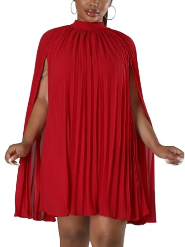 Women’s Stand Collar Cloak Long Sleeve Cape A Line Dress Elegant Pleated Mini Evening Dress Red XL