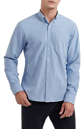 HISDERN Oxfordskjortor för män, ledig långärmad skjorta för män, enkel smart button-down-skjorta med ficka, normal passform