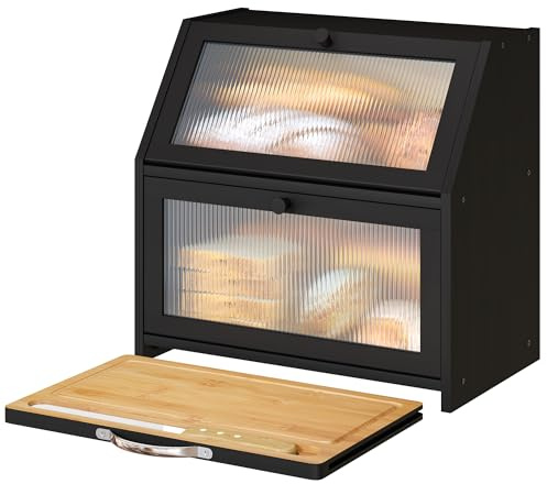 Vriccc Extra Large Bread Box with Cutting Board Bamboo Wood Bread Box for Kitchen Counter, Double Layer Large Capacity Bread Storage Bin with Acrylic Wavy Door Panel (Black)