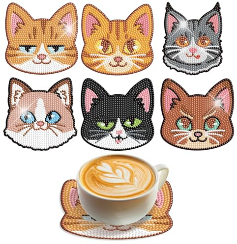 SHEGZHUC 6 Pzs Pintura Diamante Posavasos Gatos con Soporte Cuadros Diamantes 5D Diamond Painting Animales Gatos Manualidades con Cristales Posavasos Decorativos para Vino Copas Tazas de Té Bebida
