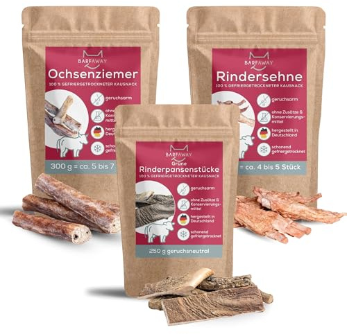 BARFAWAY Sparpaket Kauspaß Rind, gefriergetrocknete Kausnacks (Ochsenziemer, Rindersehne, grüner Pansen), geruchsneutral, 100% natürlich ohne Zusätze, Deutsche Herstellung, 3er Pack (770 g)