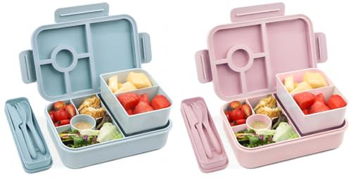 Bugucat Lunchbox Kinder 1300ML 2 Set, Brotdose mit Fächern Bento Box mit Besteckset, Brotdose für Kinder und Erwachsene, Vesperdose Frühstücksbox für Mädchen & Jungen BPA-Frei BRosa