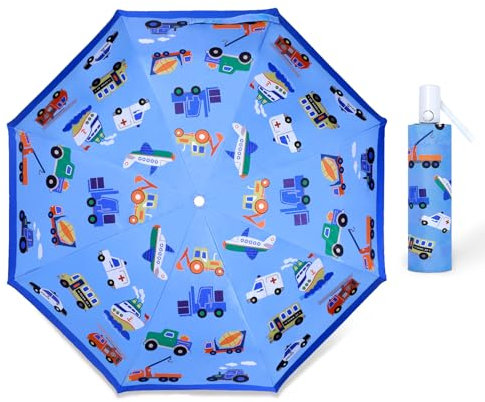 Regenschirm Kinder mit Niedlichem Muster, Kinderschirm Reflektierend mit Schirmhülle & Auf-Zu-Automatik, Taschenschirm Winddicht Sturmfest für Jungen Mädchen Leicht zu Transportieren-Verkehr Auto