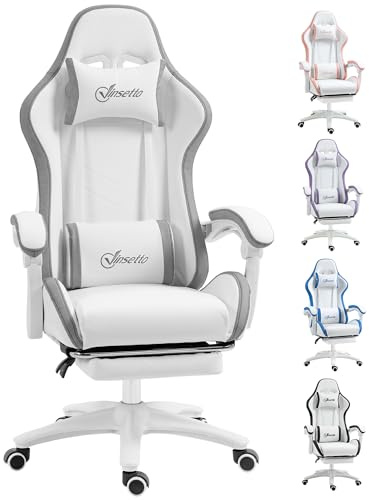 Vinsetto Gaming Chair with Reclining High Back, Footrest, White and Grey | Computer Gamer Chair, Headrest, Lumbar Support, Swivel Wheels, PU Leather, Adjustable Height, for Home