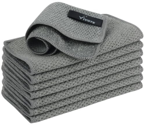 VIVOTE 8 Pack Microfiber Dual Surface Scrubbing Cloth, No Scratch Dish Cloths for Kitchen, Reusable & Machine Washable Kitchen Washing Up, 2 in 1 Microfiber Dish Cloth, Grey, 20x20cm