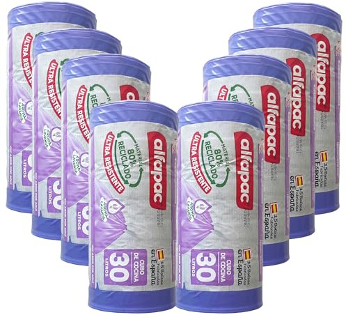80% reciclado 8 rollos de 15 bolsas de basura (120 bolsas) 'Lavanda', Ultra resistentes, Triple capa, Antigoteo, 30L autocierre