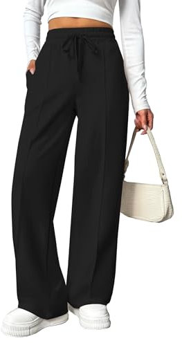 PINSPARK Joggingbyxor med breda ben för kvinnor, hög midja, säckiga sweatbyxor, elastiska upphöjda sömmar, lösa aktiva byxor med fickor, svart, M