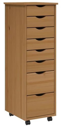 Tidyard Rollschrank,Rollcontainer mit 8 Schubladen, Kommode Schubladenschrank mit Rollen, Büroschrank Aktenschrank Rollwagen, Honigbraun Massivholz Kiefer