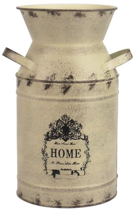 HIDERLYS 7.5 High Rustic Decorative Vase with Greetings, Galvanized Metal Milk Can Country Jug for Living Room, Bedroom, Kitchen, Office (Beige)