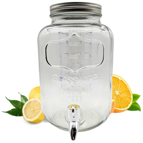 Getränkespender 4 Liter aus Glas Saftspender mit Zapfhahn und Fruchteinsatz ideal für Limonaden Wasserspender & GRATIS HLKauf-Block