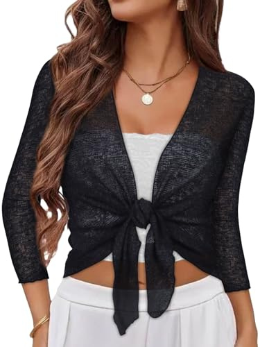 Women Cropped Cardigan Bolero Shrug for Dress Sheer Tie Front Top,Black,L