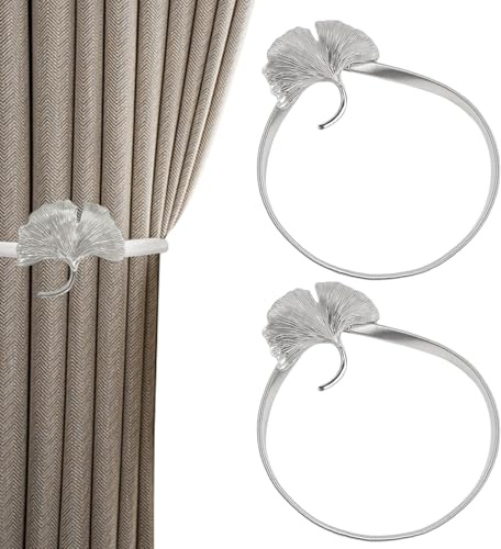 2 Stücke Vorhang Raffhalter,Vorhang Klammern aus Metall mit Federschnur Raffhalter für Vorhänge Seil Schnallen Vorhang Tiebacks Vorhang mit Halter Schnallen Vorhang Zubehör (Silber Blatt)