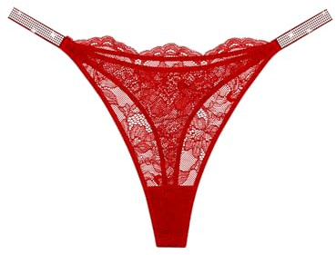 DHFBABY Sexy Thongs for Women Breathable Lace Underwear Rhinestones Strap G-String Stretch Panties Thong Red