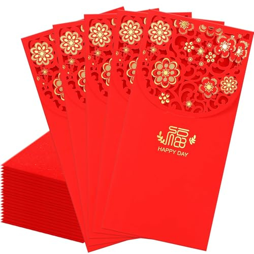 20 Pcs Chinese New Year Red Envelopes, 3.4 x 7 Inches Large 福 Hong Bao Lucky Money Cash Envelopes, Elegant Floral Design Red Packets Lai See for Spring Festival, Lunar New Year, Weddings, Birthdays