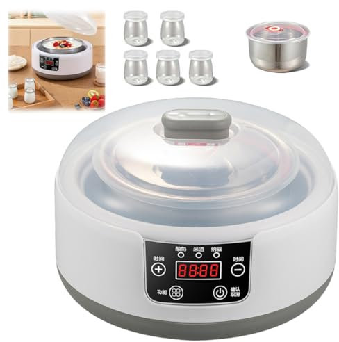 Yogurtera, Pantalla Led Multi-función Probiótico Yogur Motor, Con 5 Frascos De Vidrio Y Recipiente Interior De Acero Inoxidable, El Hogar Pequeña Máquina de Yogur (With 5 Cups)