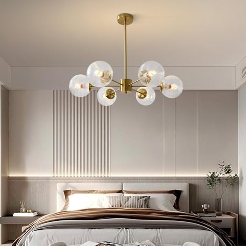 VTAMng Pendelleuchte Mid-Century Modern 6-flammiger Kronleuchter goldene Sputnik Pendellampe Vintage grüne Deckenleuchte aus gebürstetem Messing Glaskugel Kronleuchter für Schlafzimmer Flur Esszimmer