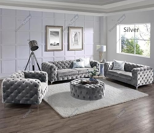 Snooze Upholstered Velvet Monaco Sofa Sets,3 and 2 Seater Sofas & Couches,Chesterfield Sofas for Living Room, Plush Fabric (Silver Plush, 3 Seater)