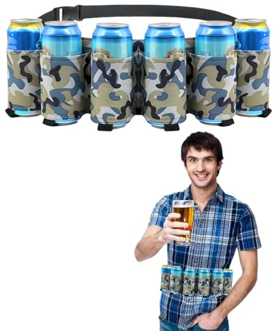 TPZORJX 1 Pcs Biergürtel,6 Bierflaschen- oder Dosenhalter,tragbarer Gürtel,verstellbarer Bierhalter-Weingürtel,für Camping,Festivals,Junggesellenabschiede,Männerfaschingspartys(khaki camouflage)