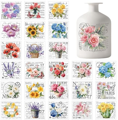 GLOBLELAND 25 Hojas Flores Plantas Adhesivos Vintage Lámpara de Flores Pegatinas Adhesivas de Fondo Floral 10x9 cm Pegatinas Adhesivas para Verano Jardín Tarro para Ventana Lámpara de Vidrio