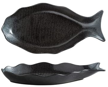 Plat de service en céramique en forme de poisson – Plat vintage émaillé au four for poisson cuit à la vapeur ou bouilli au Sichuan | Compatible micro-ondes et four (30,5 cm et 35,6 cm, 4 couleurs)(Pea