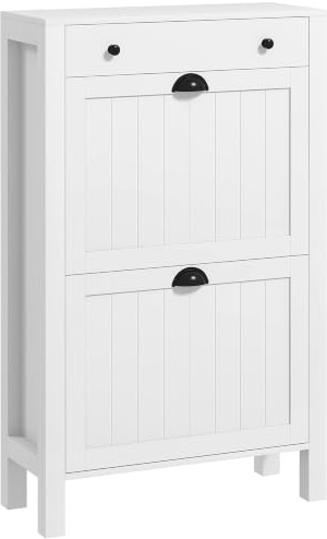 HOMCOM Narrow Shoe Cabinet with 2 Flip Drawers, Adjustable Shelves, White | Slim Shoe Storage Cabinet, Top Drawer, for Entryway, Hallway