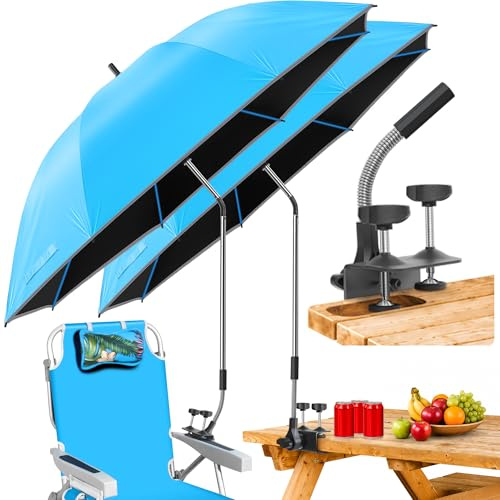 QTREE intelligence Beach Umbrella, 2PACK 48.7inch Chair Umbrella with Clamp adjustable 360°, UV Protection Large Camping Chair Umbrellas for Camping chair, Glof Cart,Table(Chair,Table not include)
