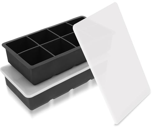 DOETYD 2 Pack Extra Large Ice Cube Tray Molds with Lids,16 Cubes Black Reusable Silicone Square Ice Cube Maker Moulds for Whiskey,Cocktails,Drinks(Black)