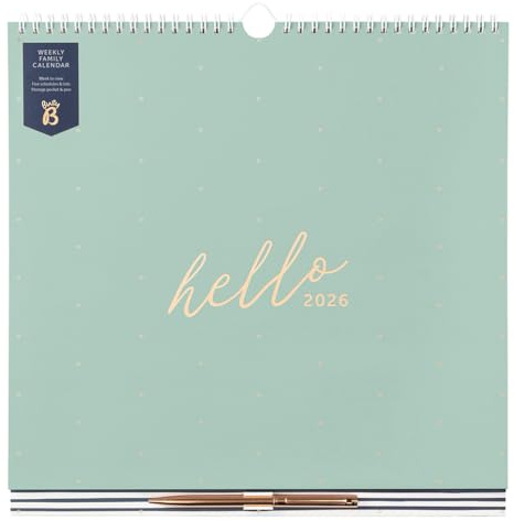 Busy B 2026 Wall Calendar – Weekly Family Calendar for 5 Members with Pen – Sage & Rose Gold - Tear-off Meal Plans, Shopping Lists, Stickers & Storage Pocket - Week-to-View for Home Organisation